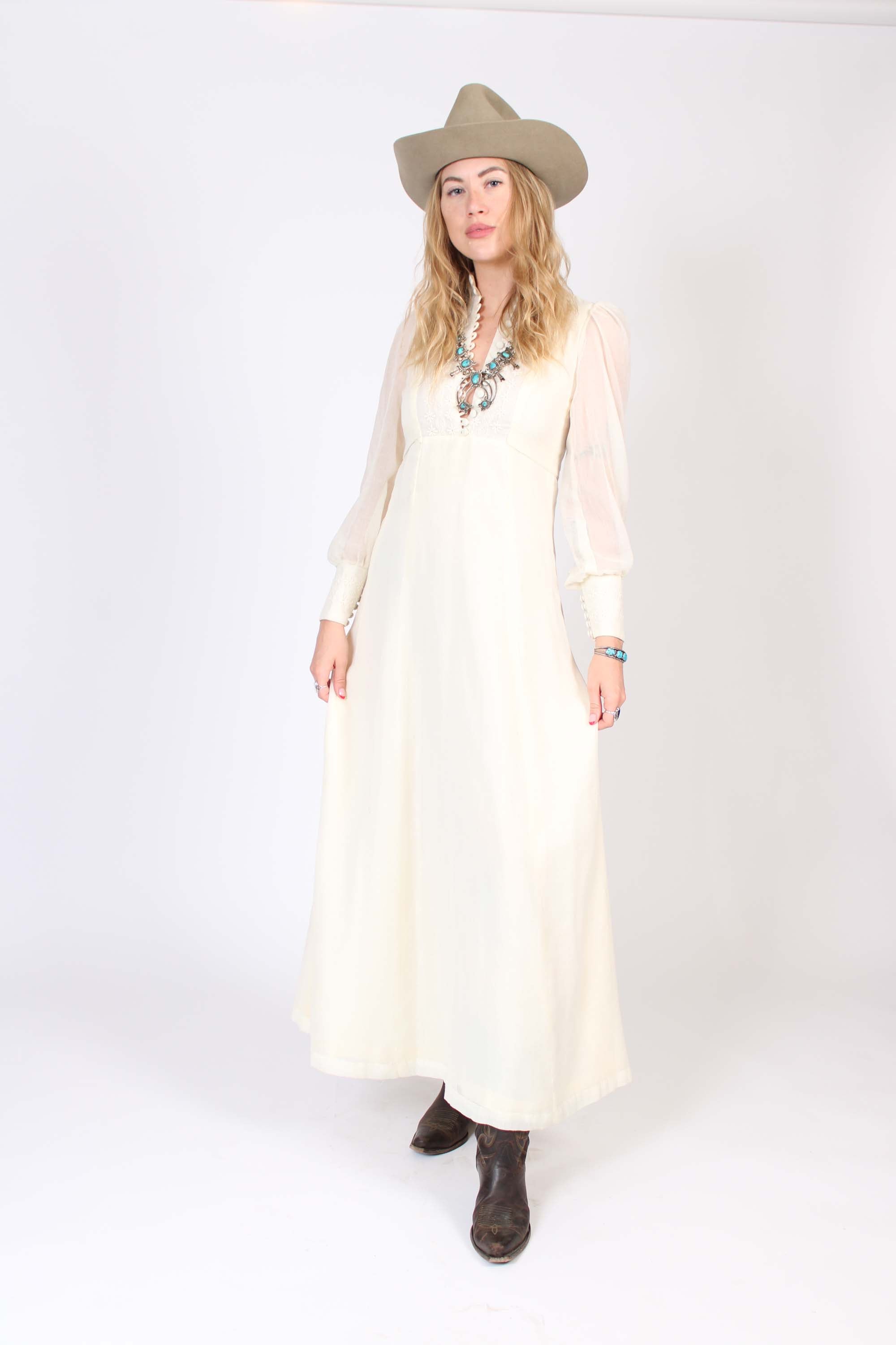 1970s White Prairie Maxi Dress Desert Moon Rising Vintage