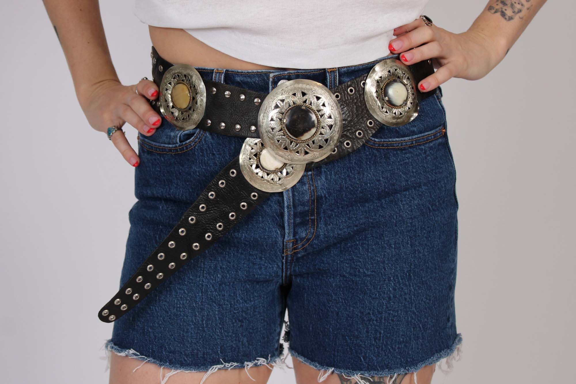 Black Studded Moroccan Belt with Silver and Stone Medallions