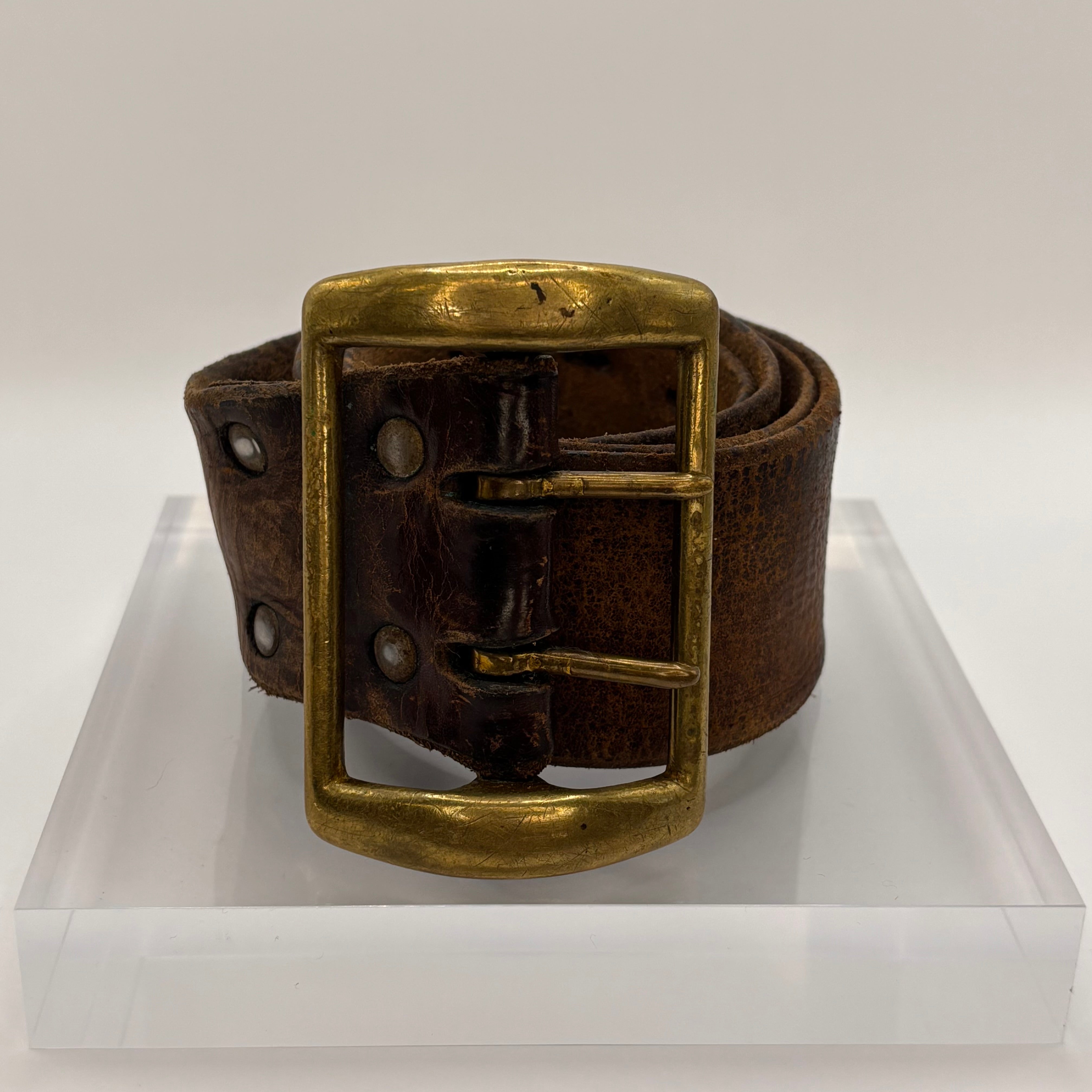 Vintage Brown Leather Belt with Large Brass Buckle