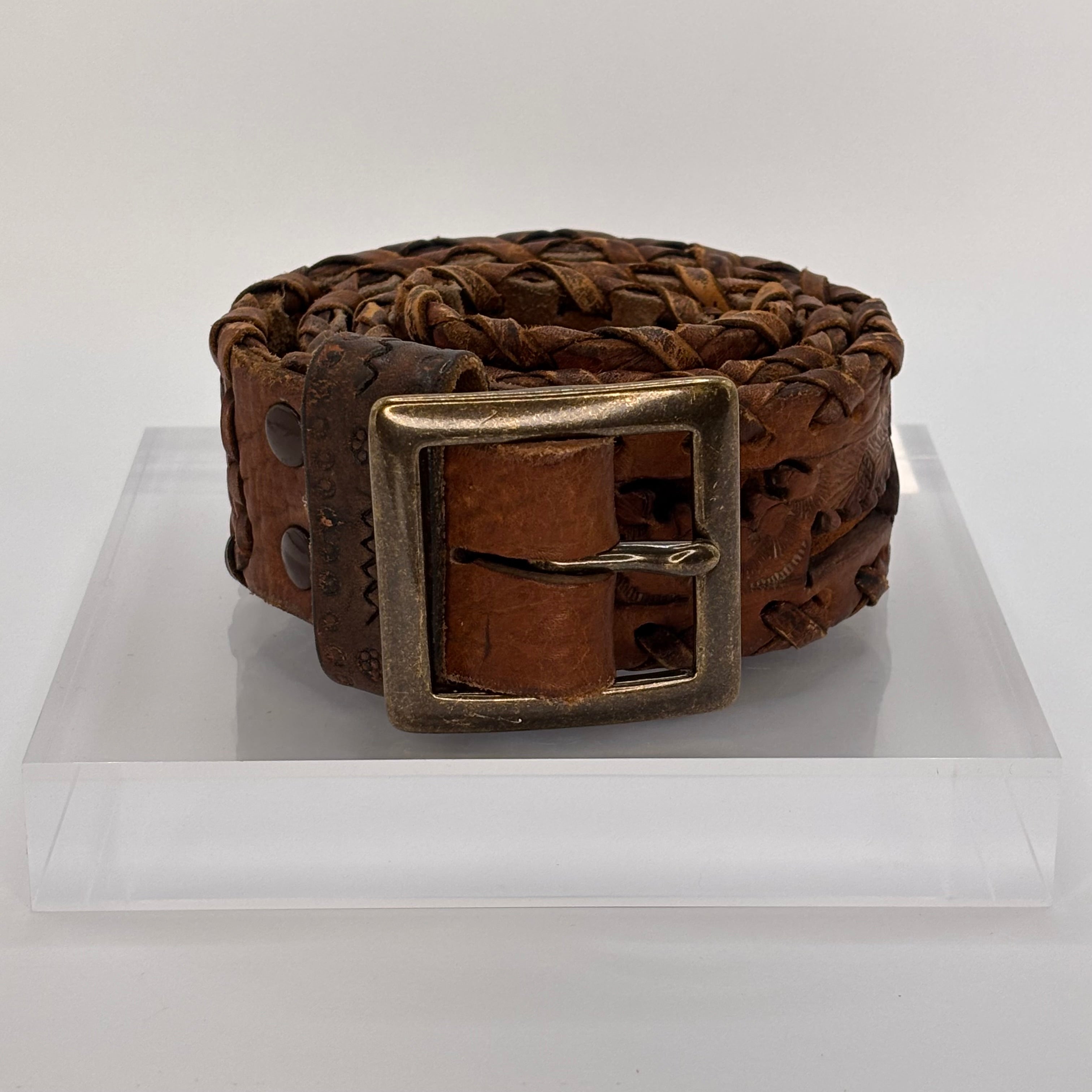 Vintage Brown Woven Leather Belt with Brass Buckle