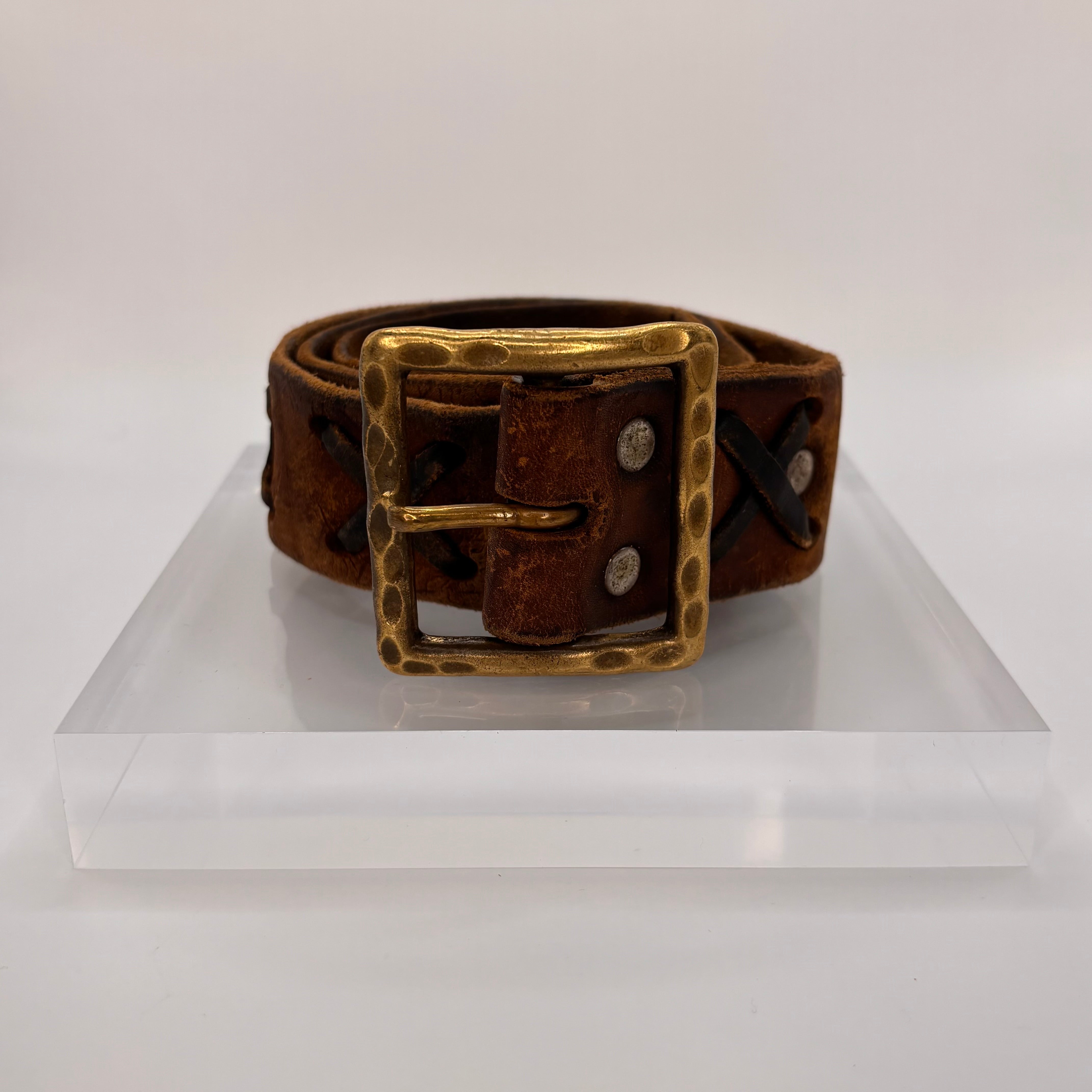Brown Leather Belt with Hammered Brass Buckle