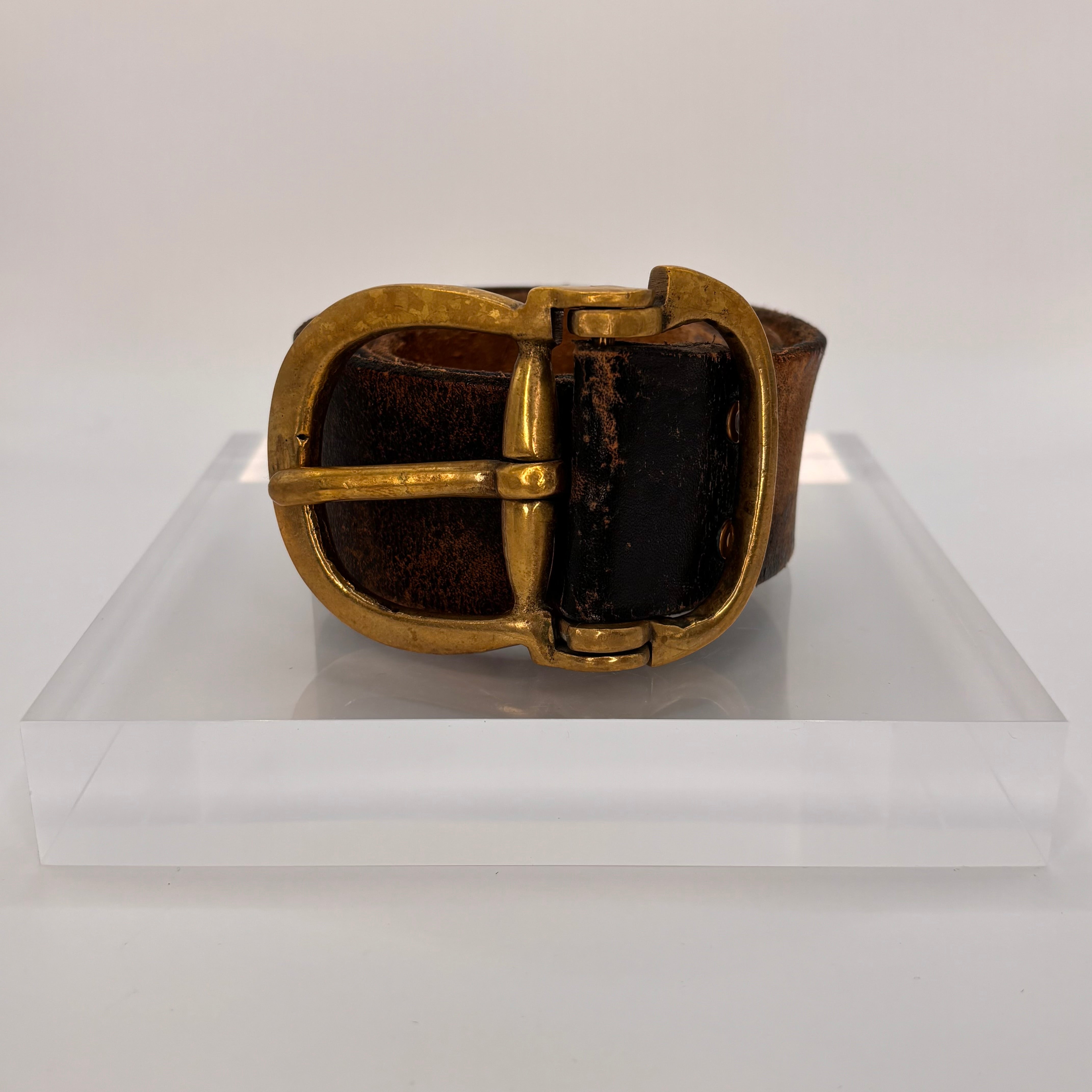 Vintage 1970s Brown Leather Belt with Hinged Brass Buckle