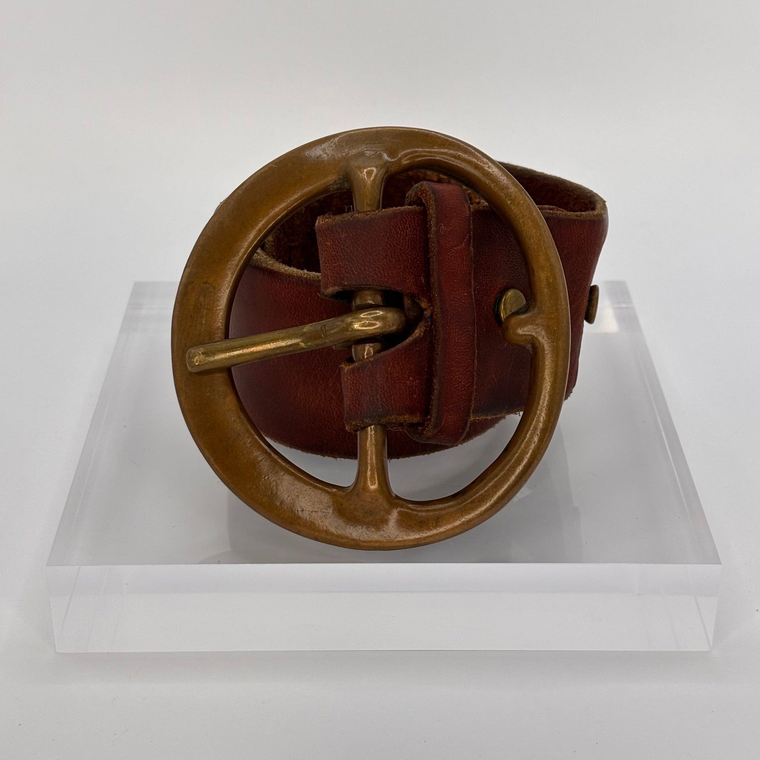 Brown Leather Belt with Large Brass Buckle