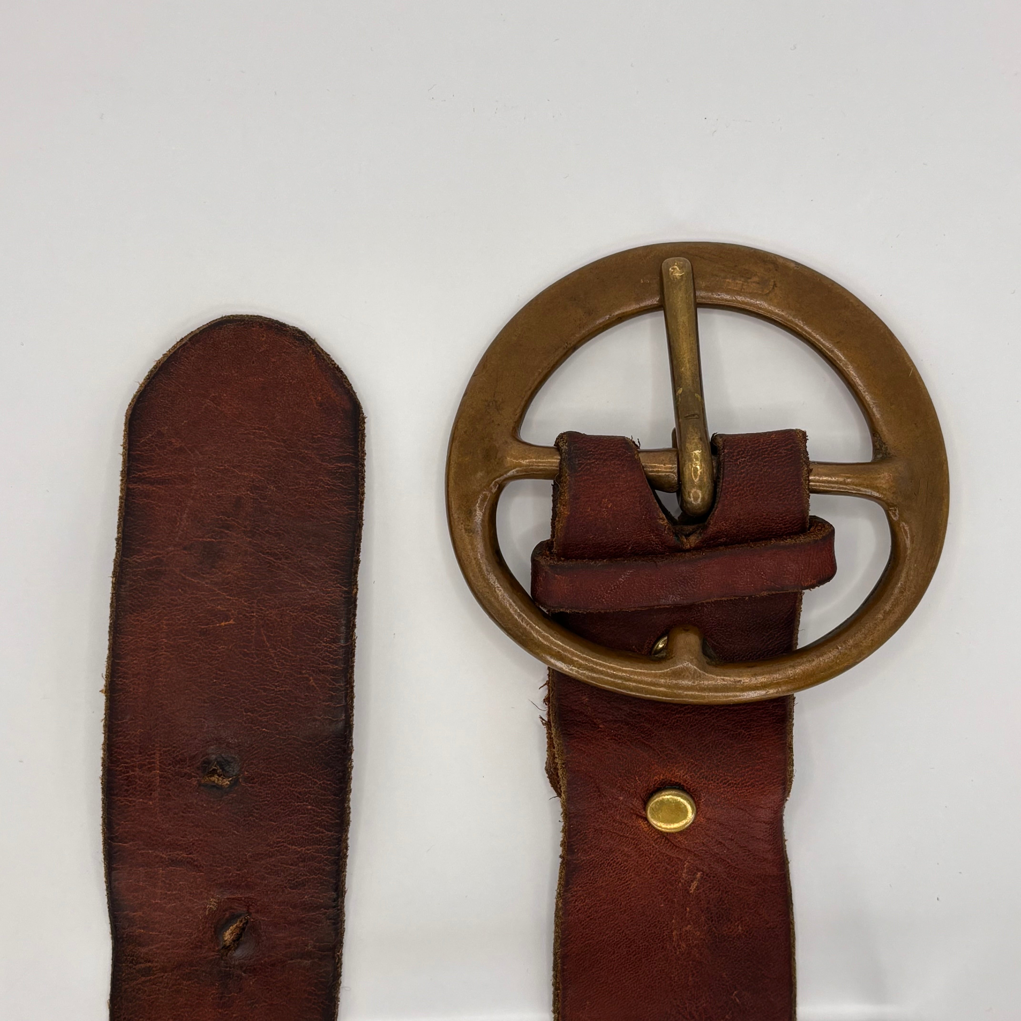 Brown Leather Belt with Large Brass Buckle