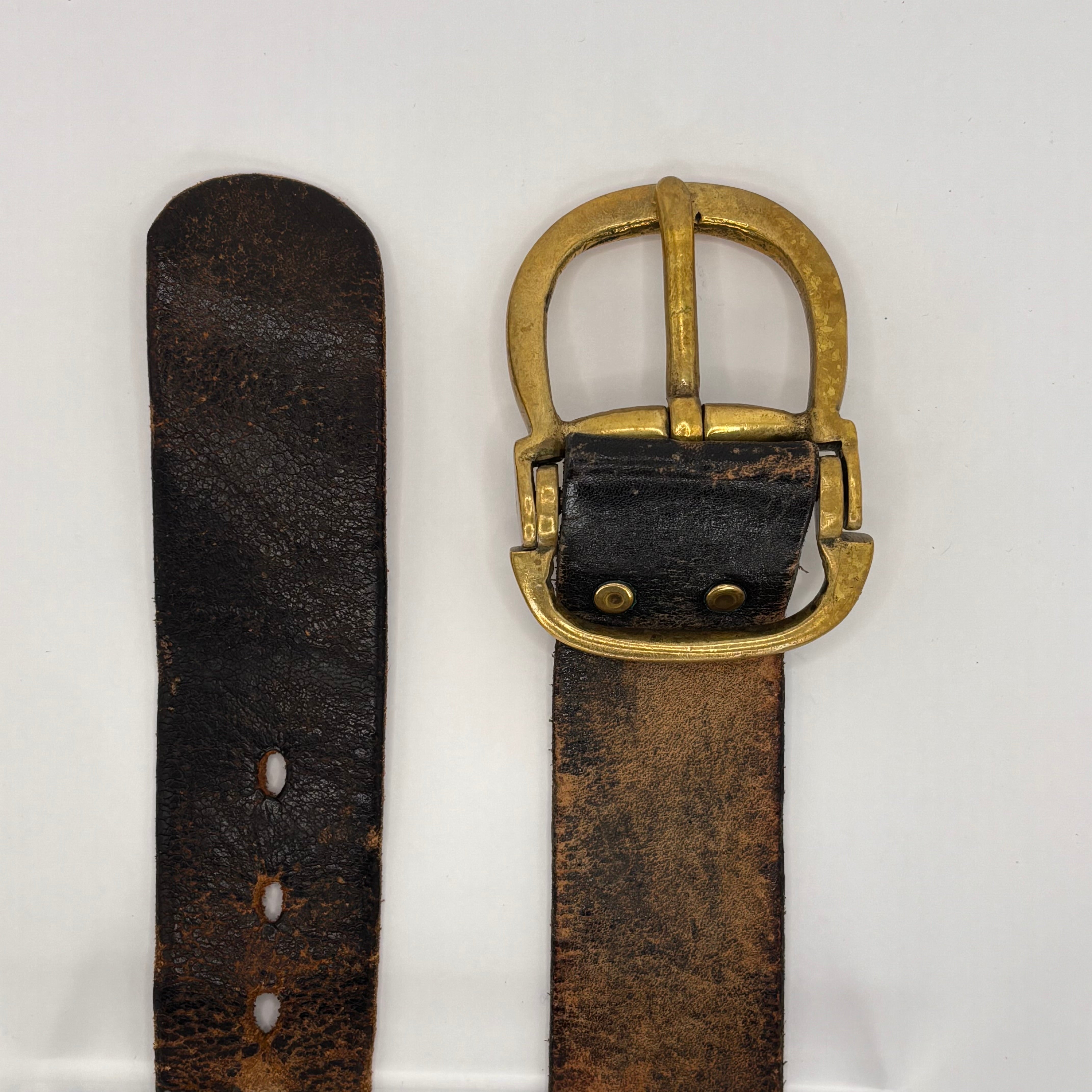 Vintage 1970s Brown Leather Belt with Hinged Brass Buckle