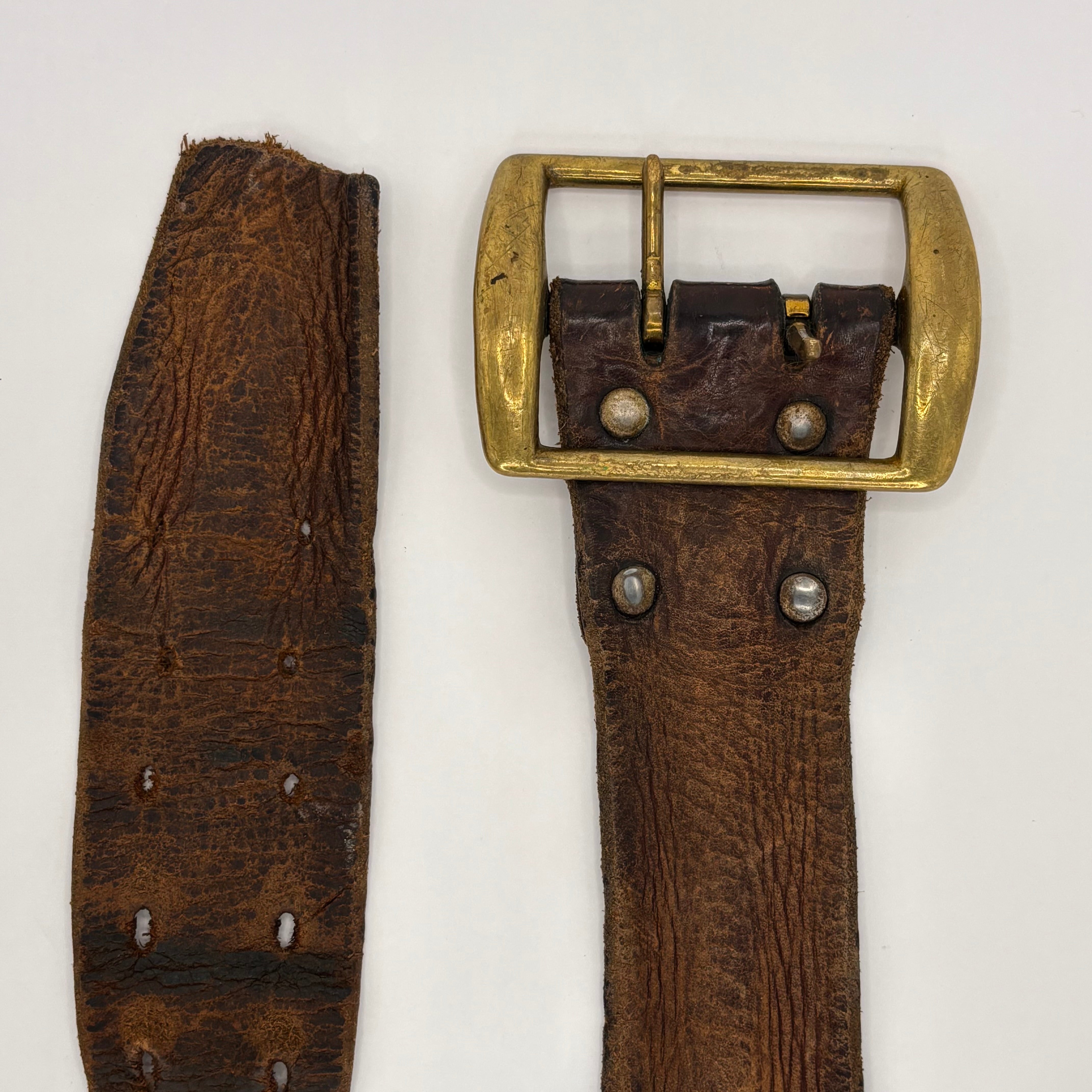 Vintage Brown Leather Belt with Large Brass Buckle