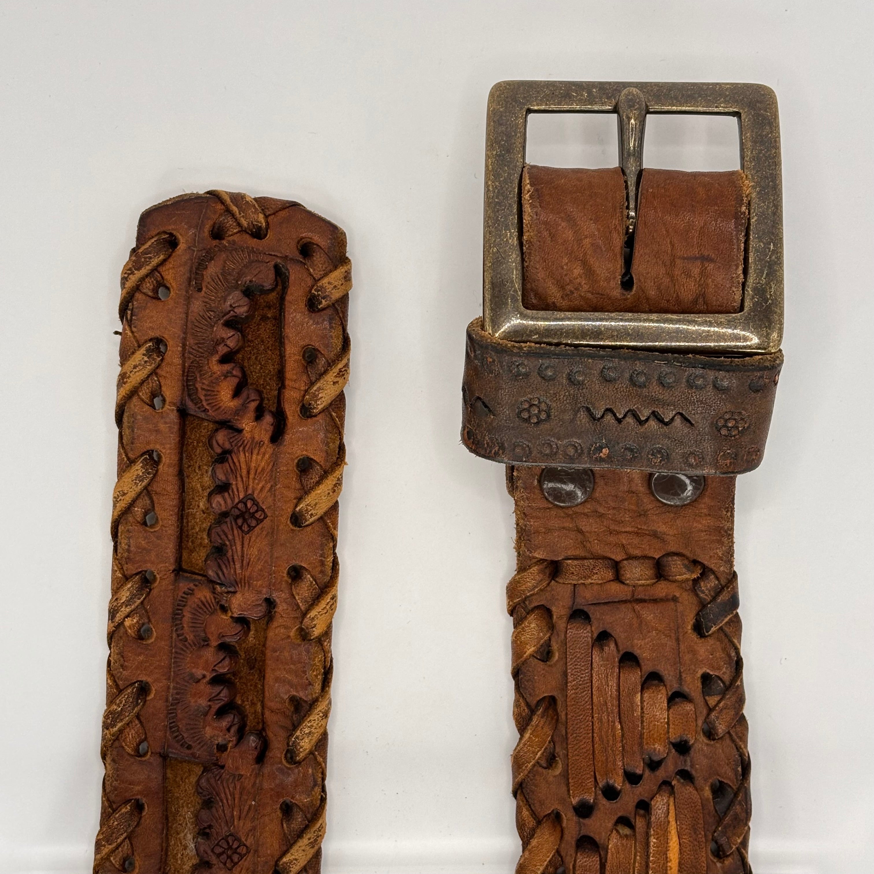 Vintage Brown Woven Leather Belt with Brass Buckle