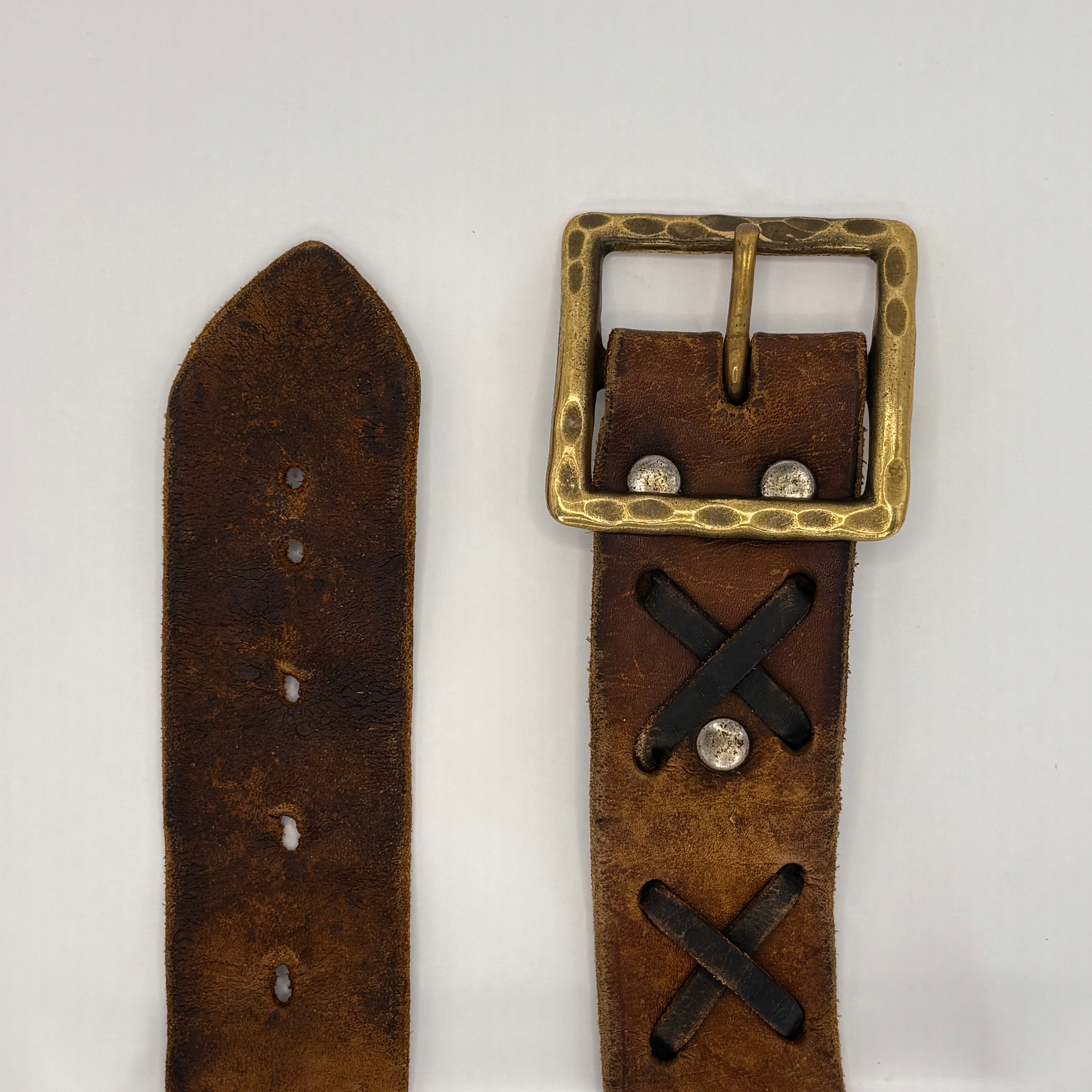 Brown Leather Belt with Hammered Brass Buckle