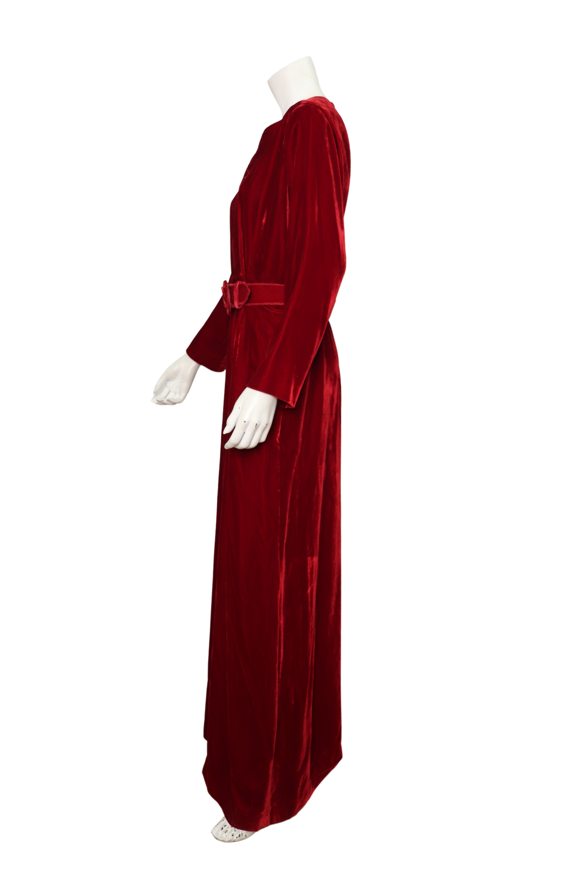 Vintage 1970s Yves Saint Laurent Rive Gauche Red Velvet Dress with Heart Belt