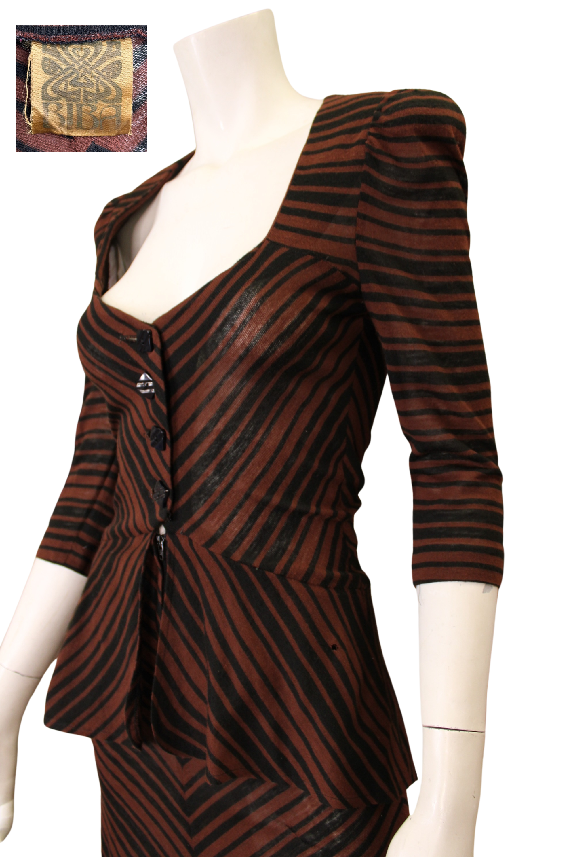 Vintage Biba Striped Dress 1970s UK Iconic Chevron Design Peplum Studio 54