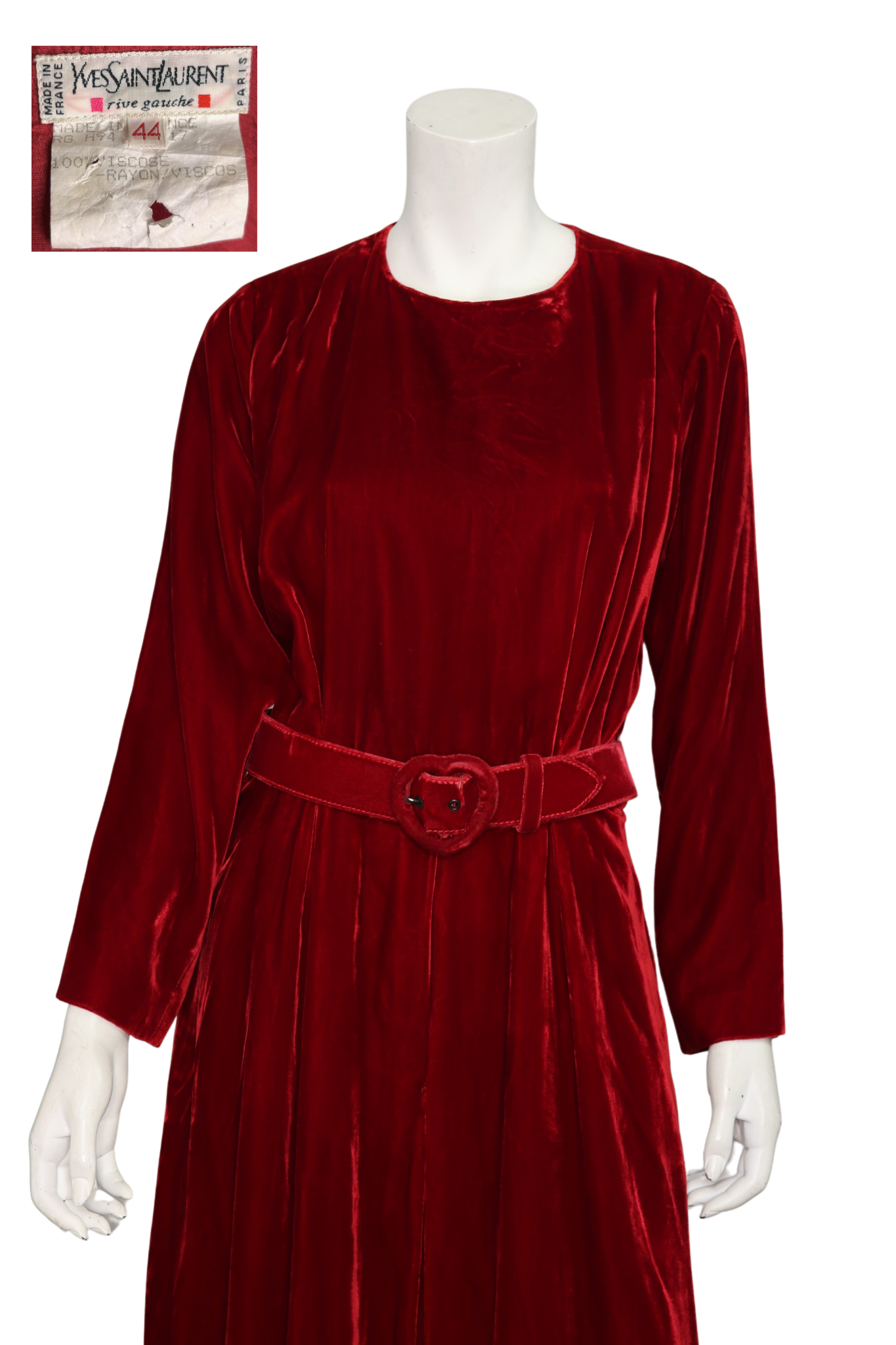 Vintage 1970s Yves Saint Laurent Rive Gauche Red Velvet Dress with Heart Belt