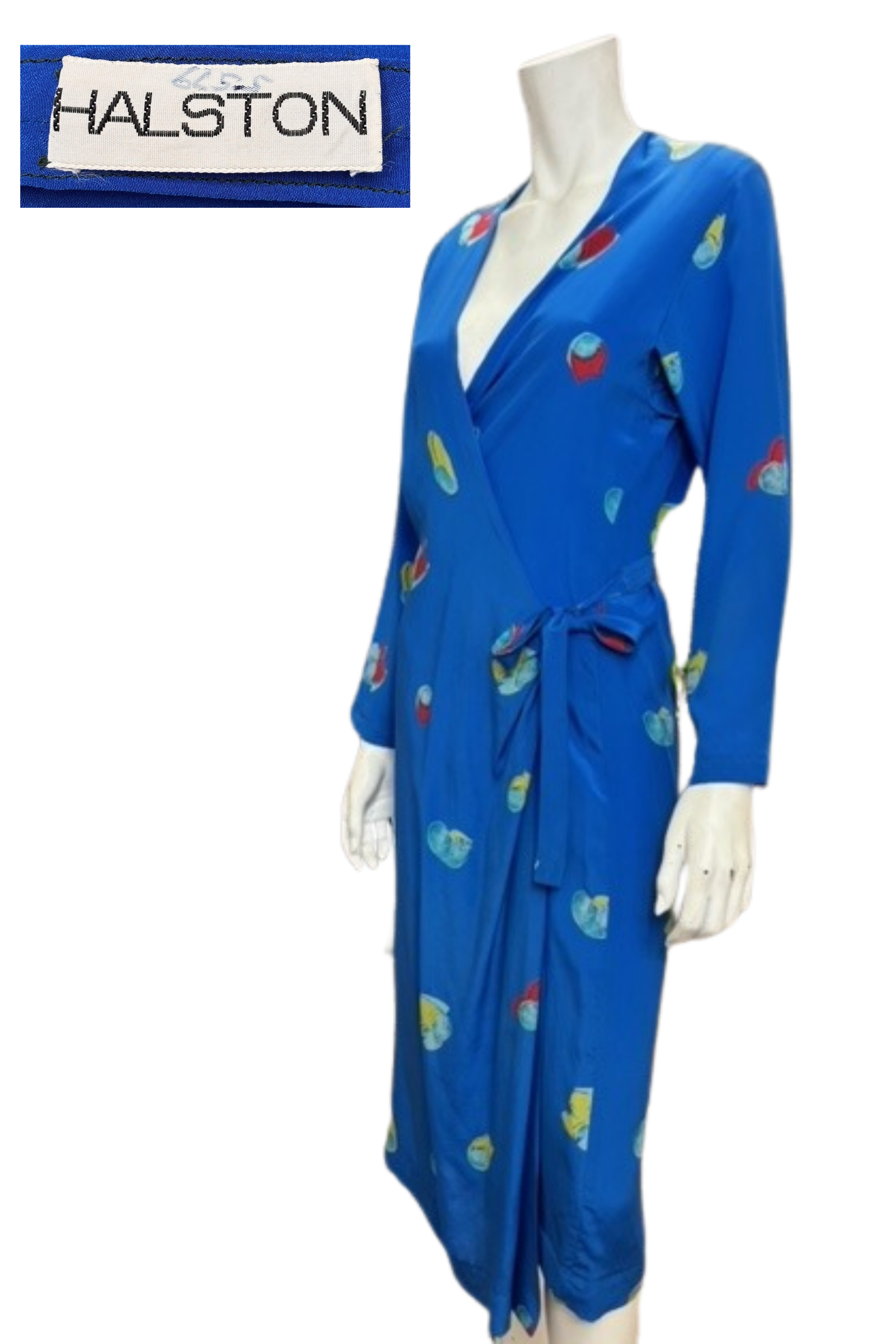Vintage Halston 1970s Blue Floral Wrap Dress Studio 54 Disco Era