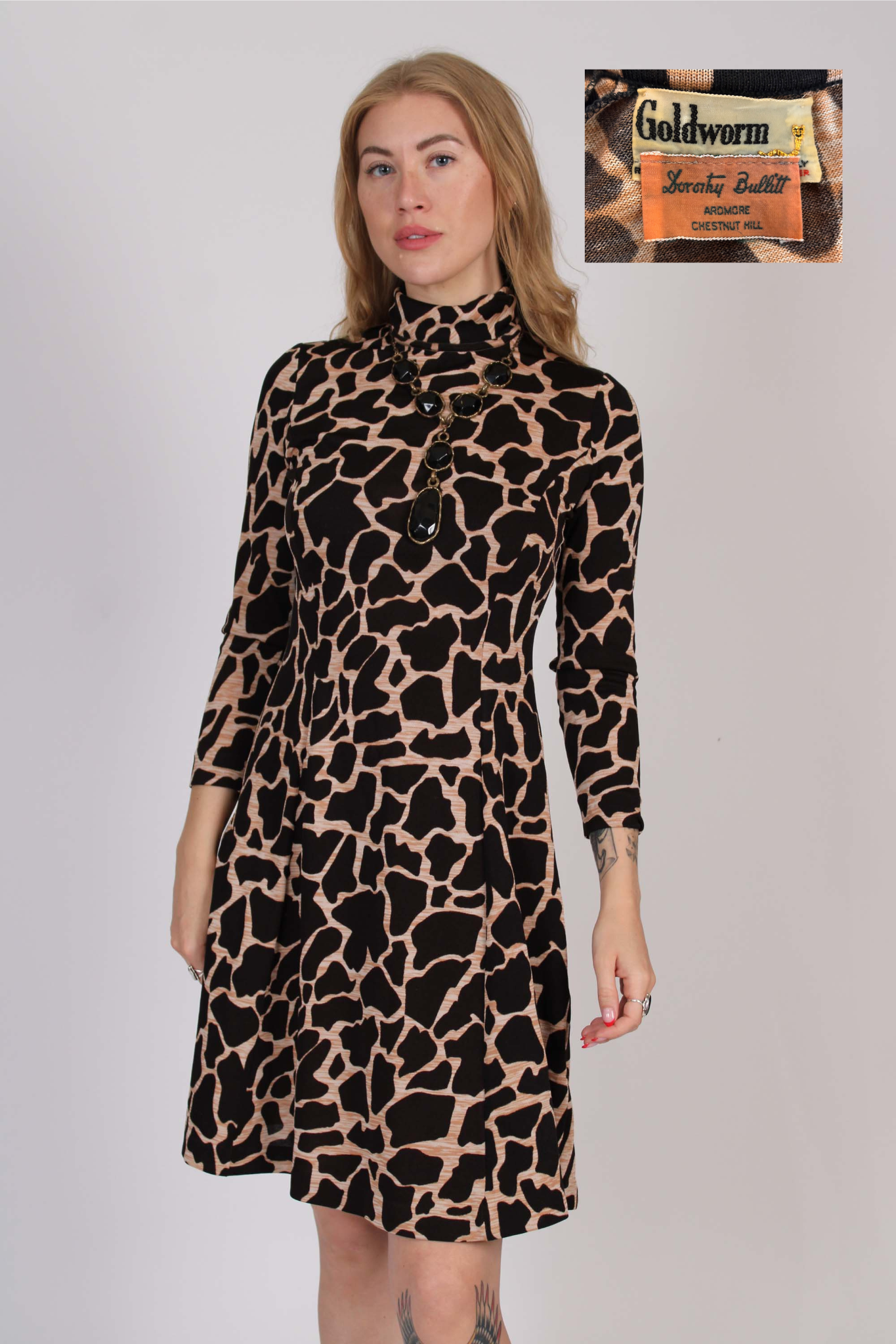 1970s Goldworm Giraffe Print Turtleneck Dress