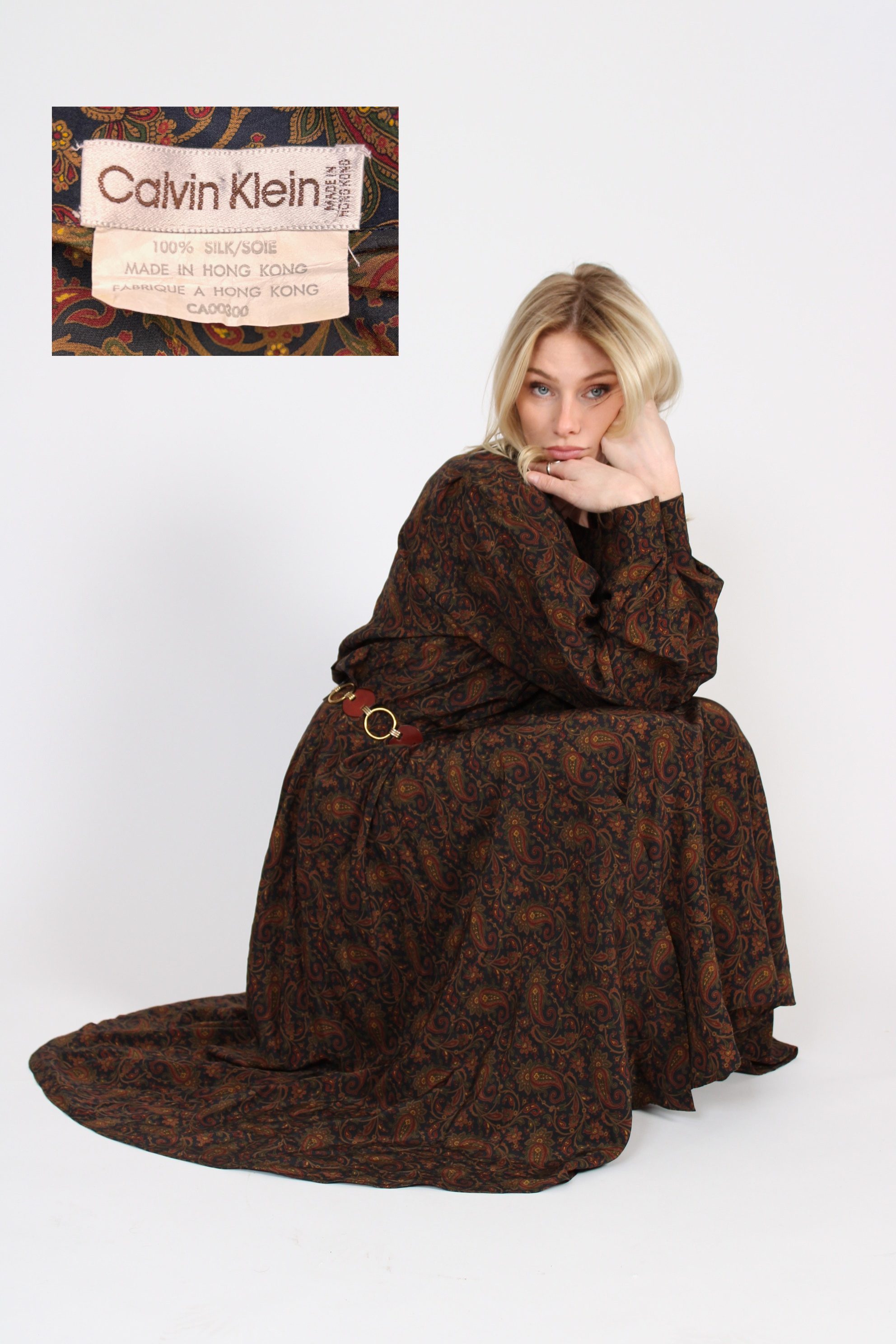 1990s Calvin Klein Silk Paisley Dress