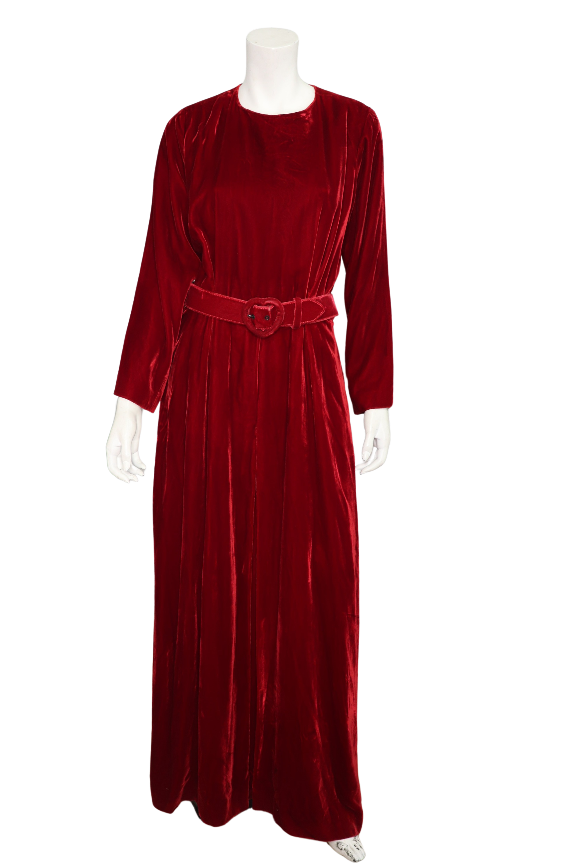Vintage 1970s Yves Saint Laurent Rive Gauche Red Velvet Dress with Heart Belt