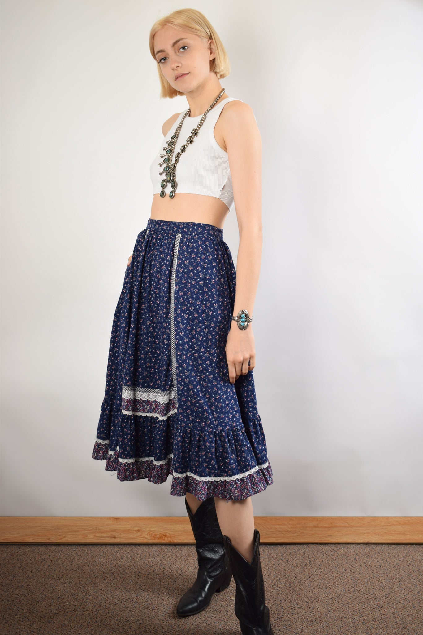 Navy Floral Gunne Sax Skirt