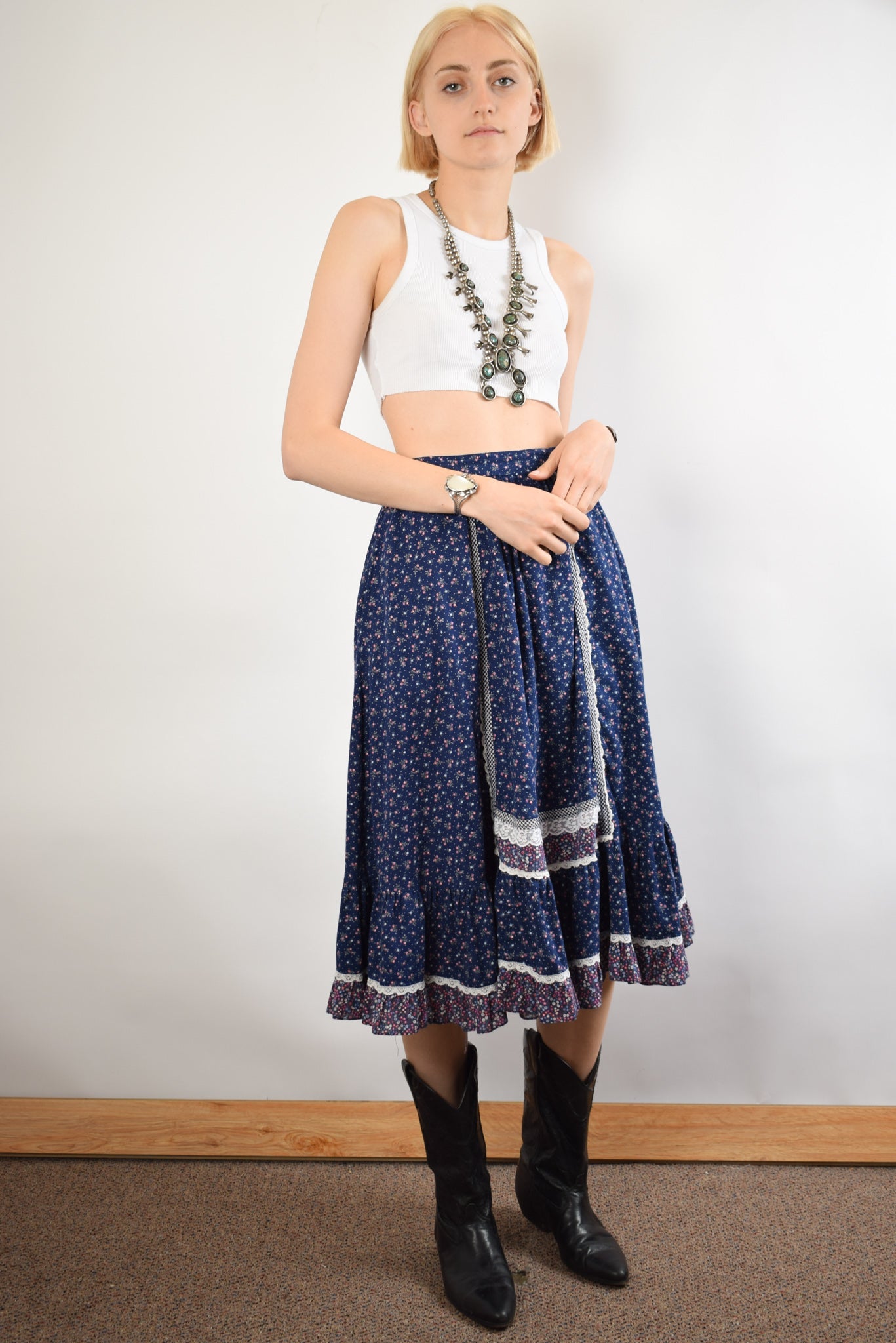 Navy Floral Gunne Sax Skirt