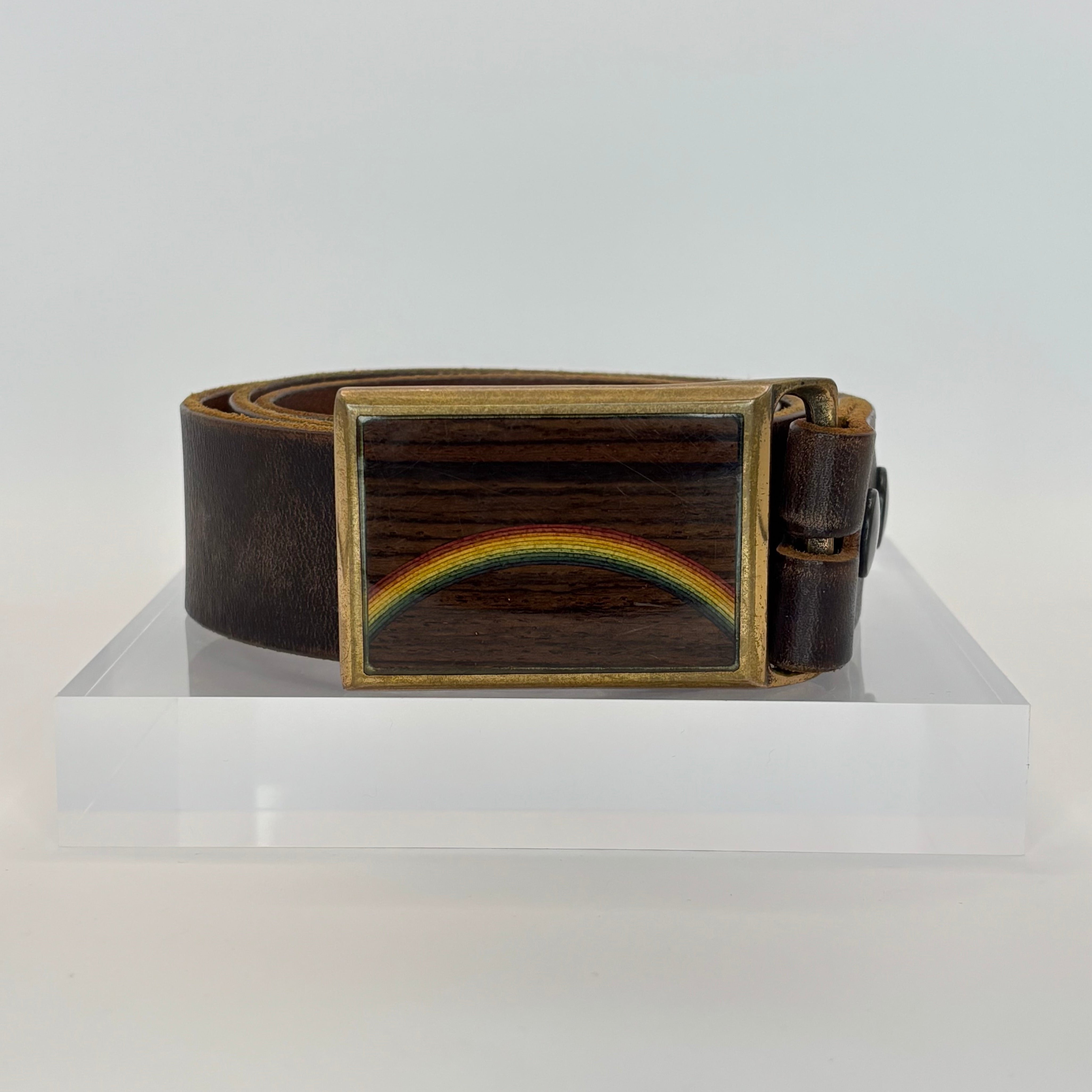 1970's Brown Leather Belt with Rainbow Buckle