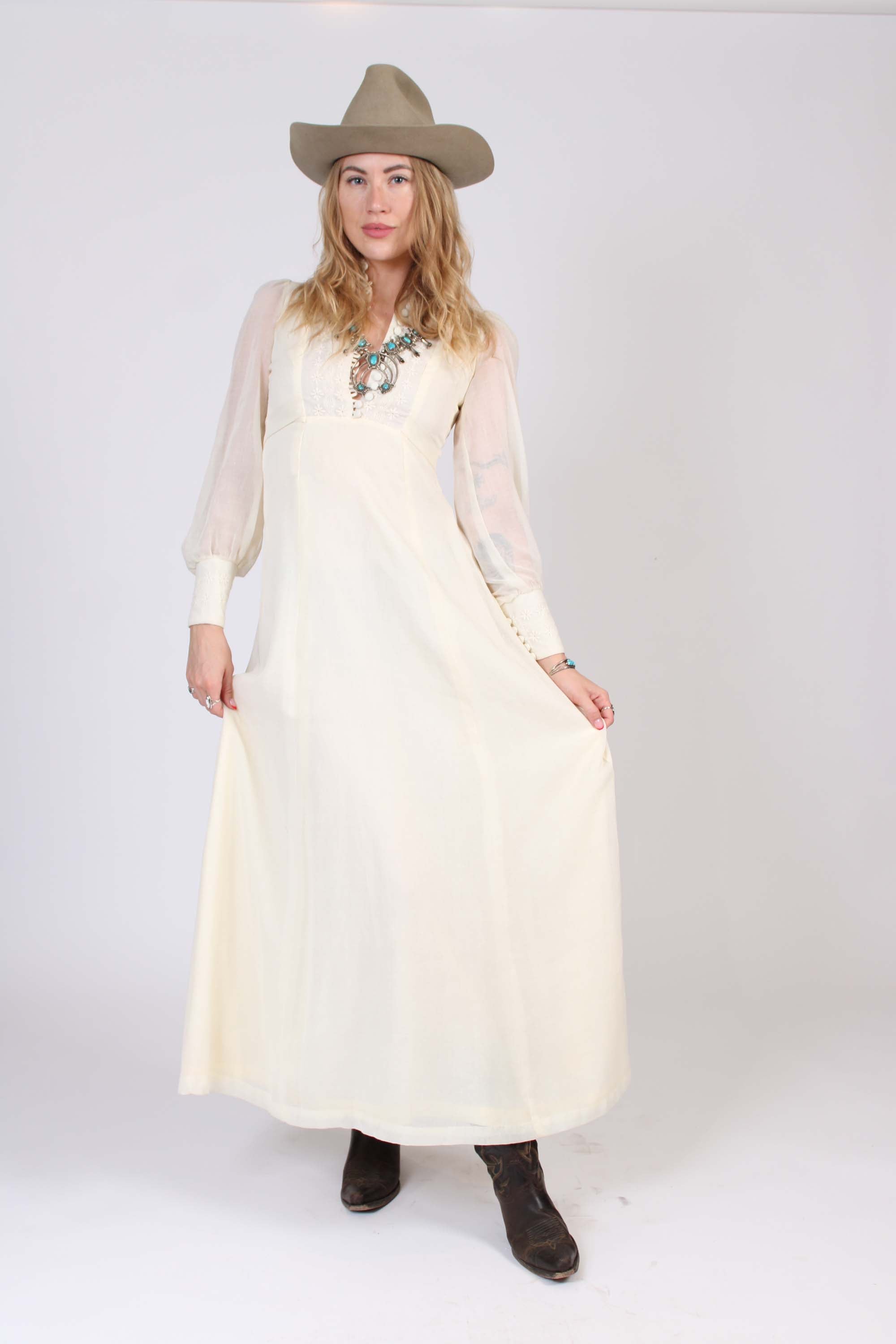 1970s Sheer Sleeve White Prairie Maxi Dress