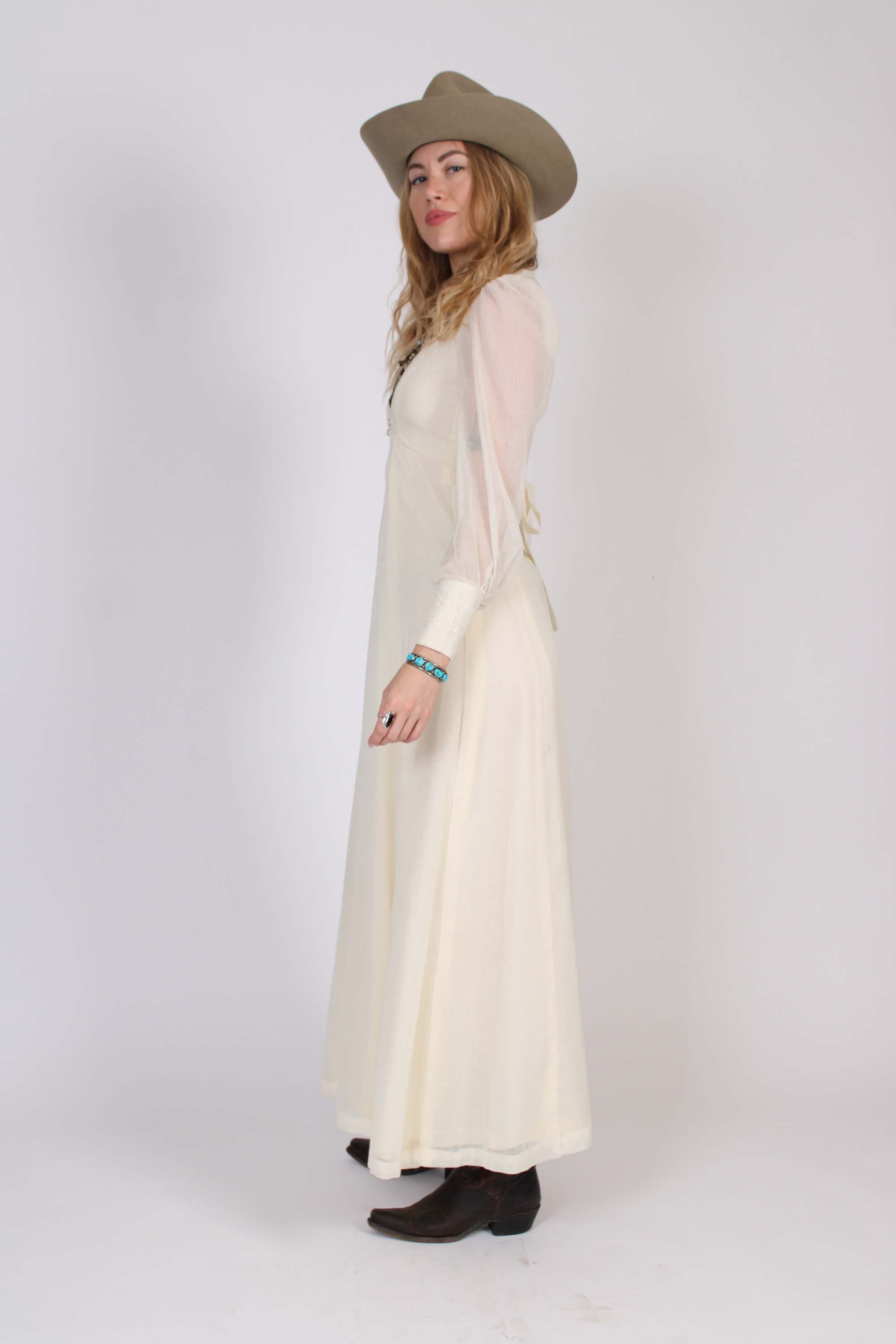 1970s Sheer Sleeve White Prairie Maxi Dress