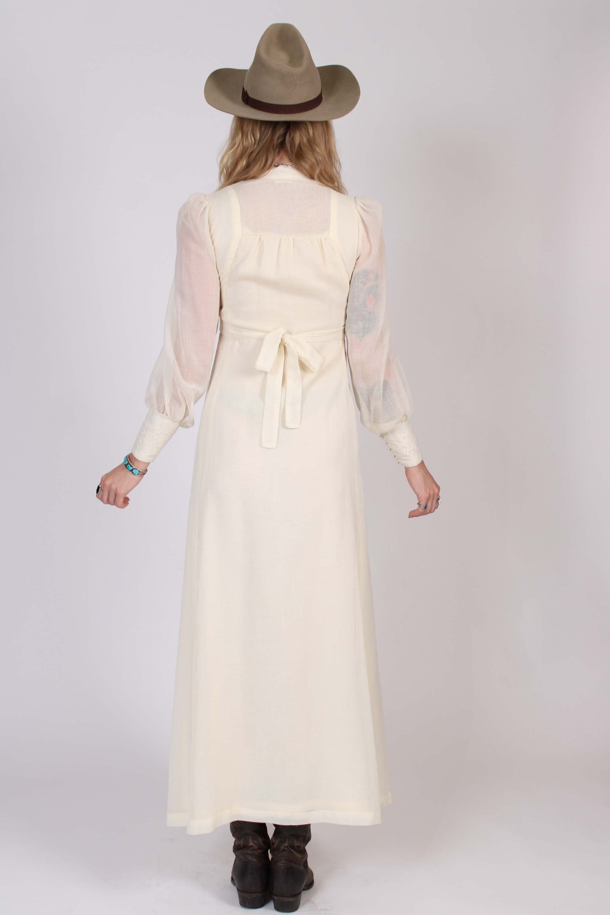 1970s Sheer Sleeve White Prairie Maxi Dress