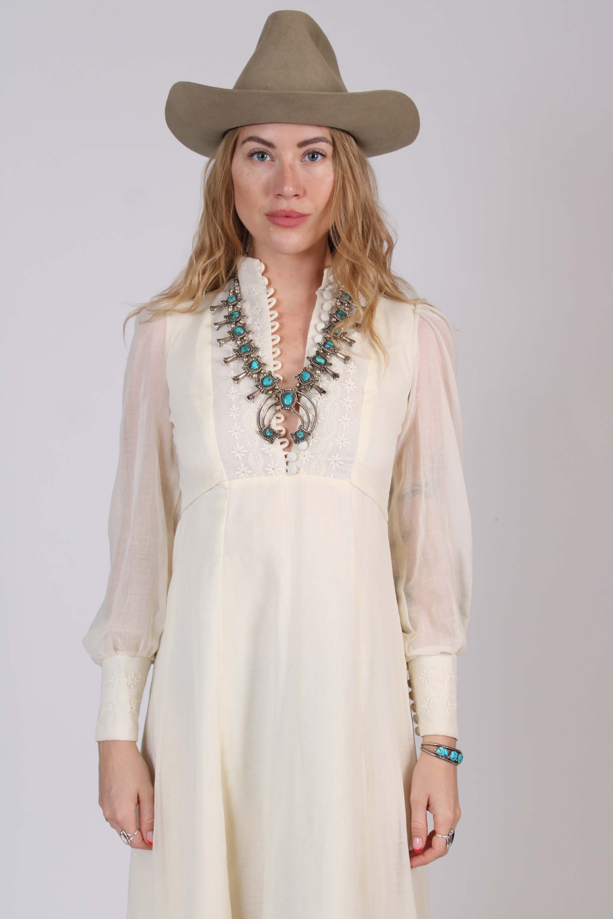 1970s Sheer Sleeve White Prairie Maxi Dress