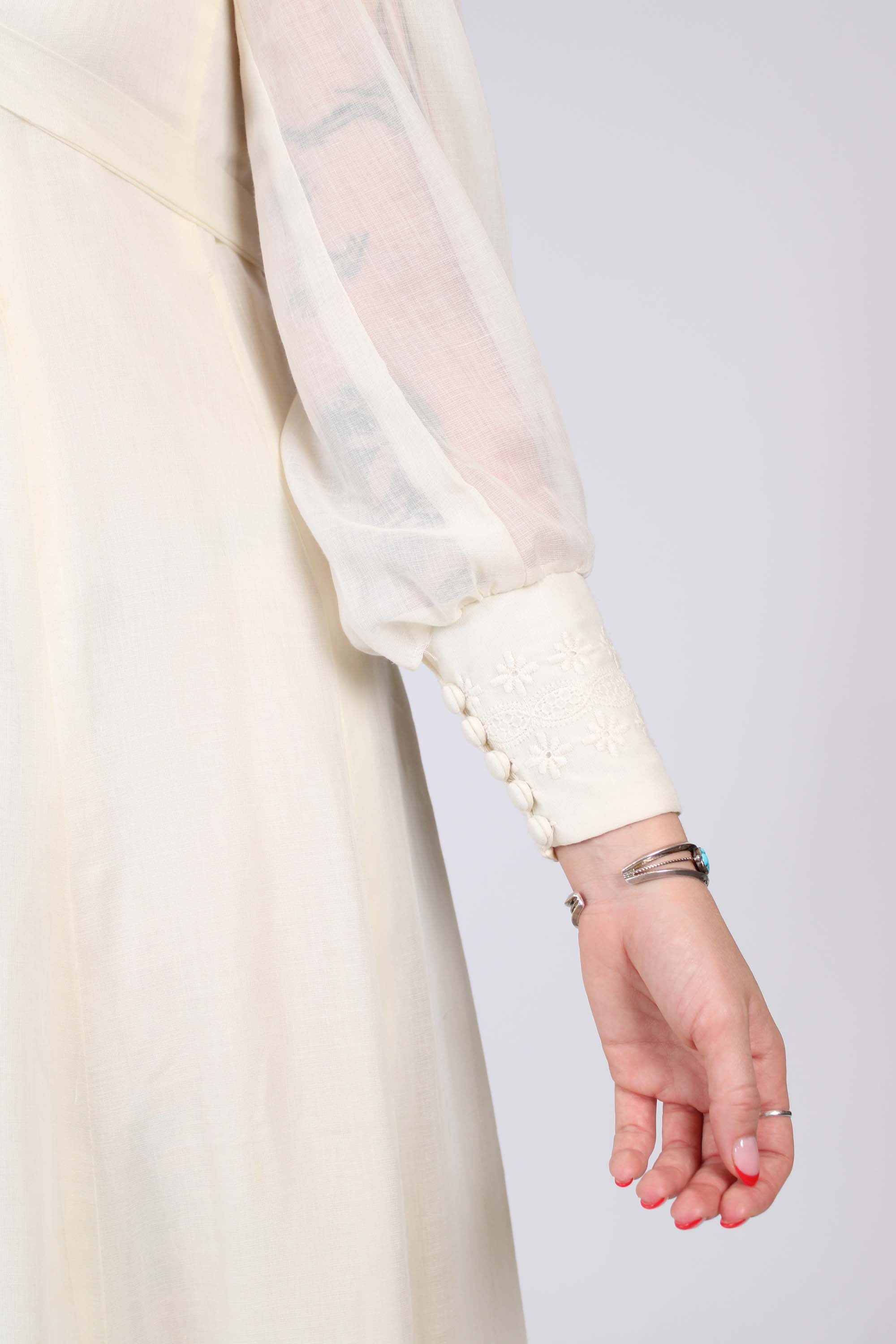 1970s Sheer Sleeve White Prairie Maxi Dress