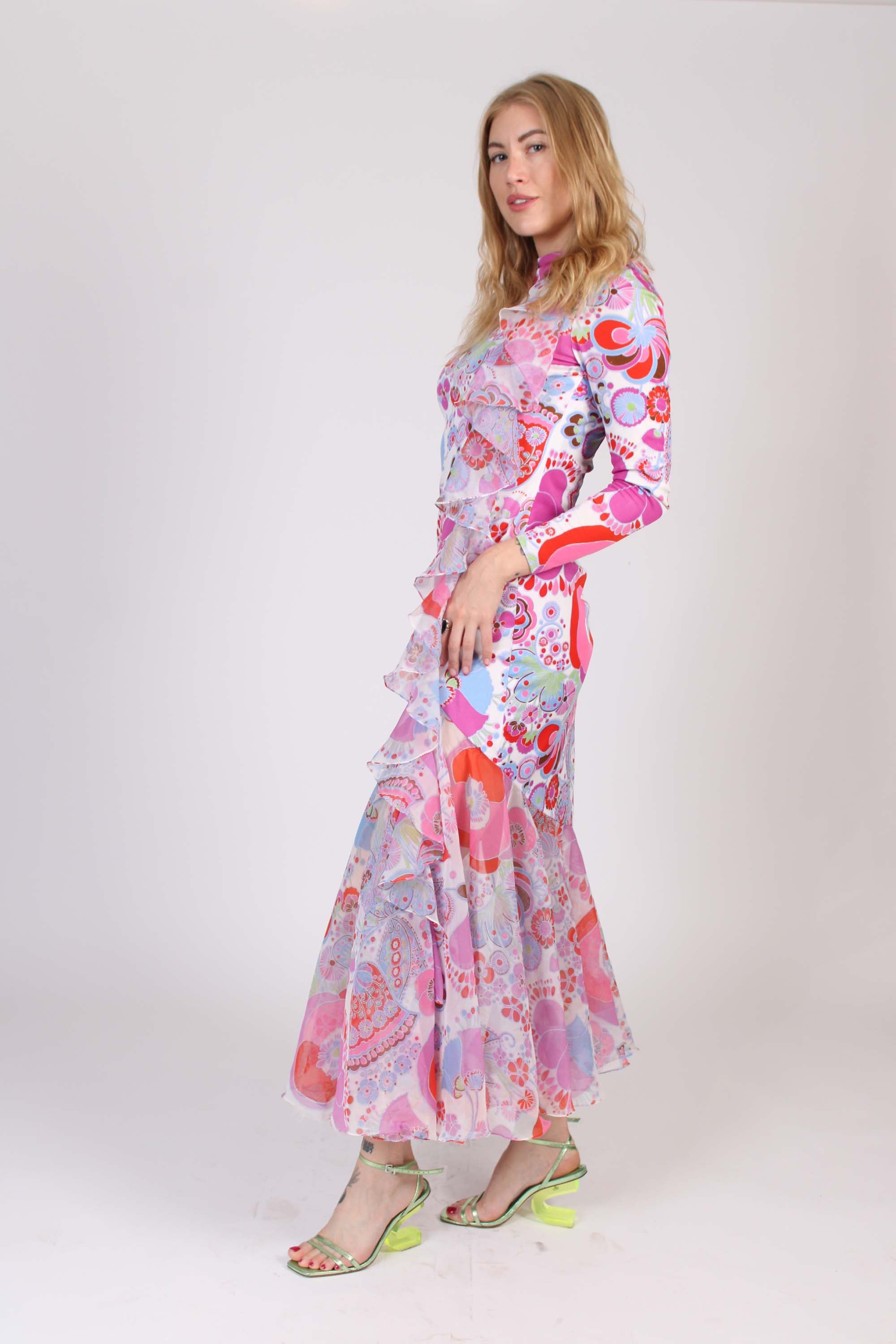 1970s Don Luis Floral Ruffle Maxi Dress