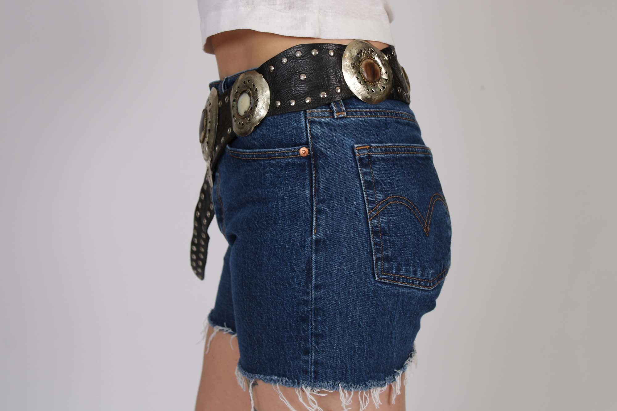 Black Studded Moroccan Belt with Silver and Stone Medallions