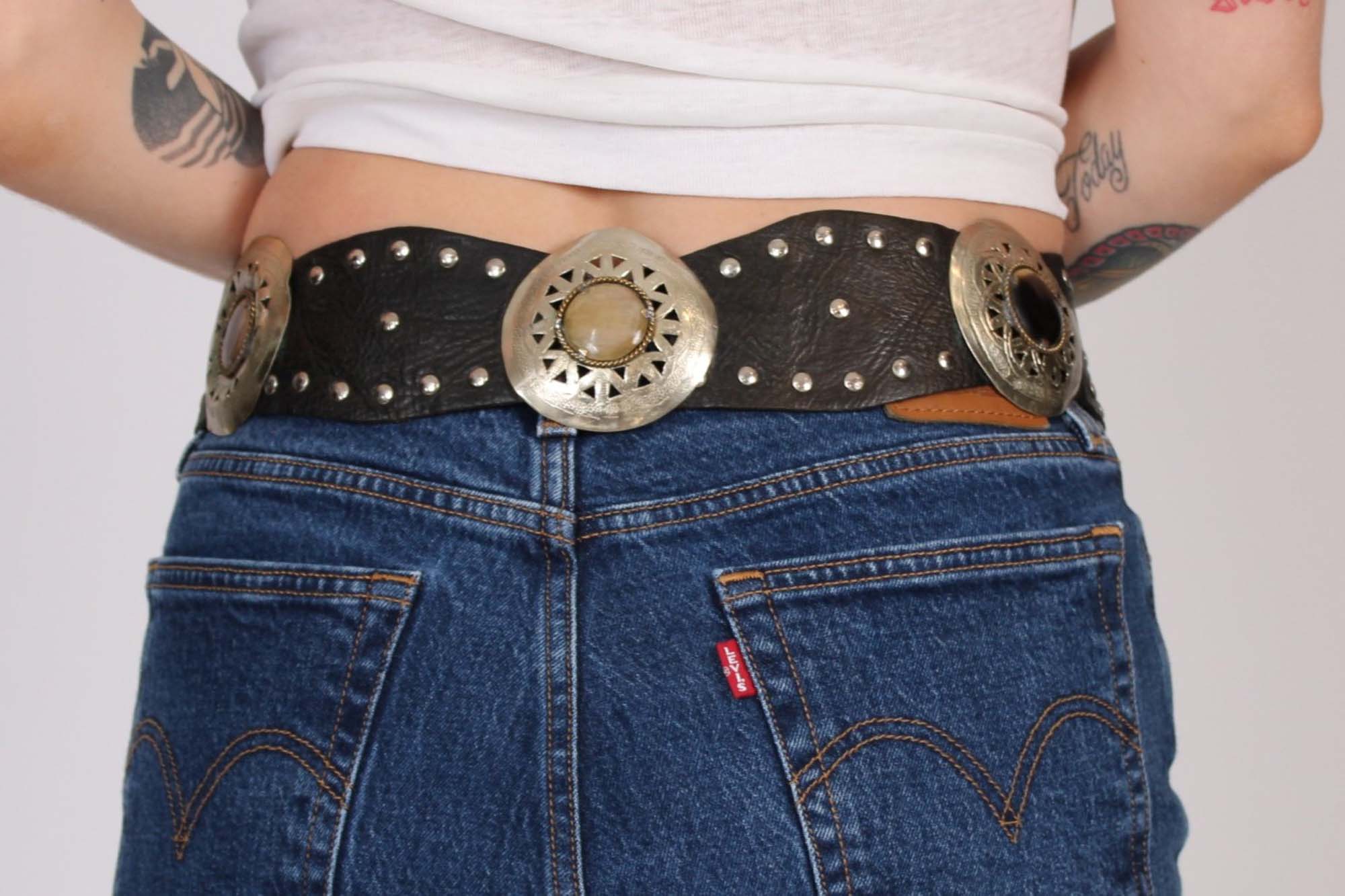 Black Studded Moroccan Belt with Silver and Stone Medallions