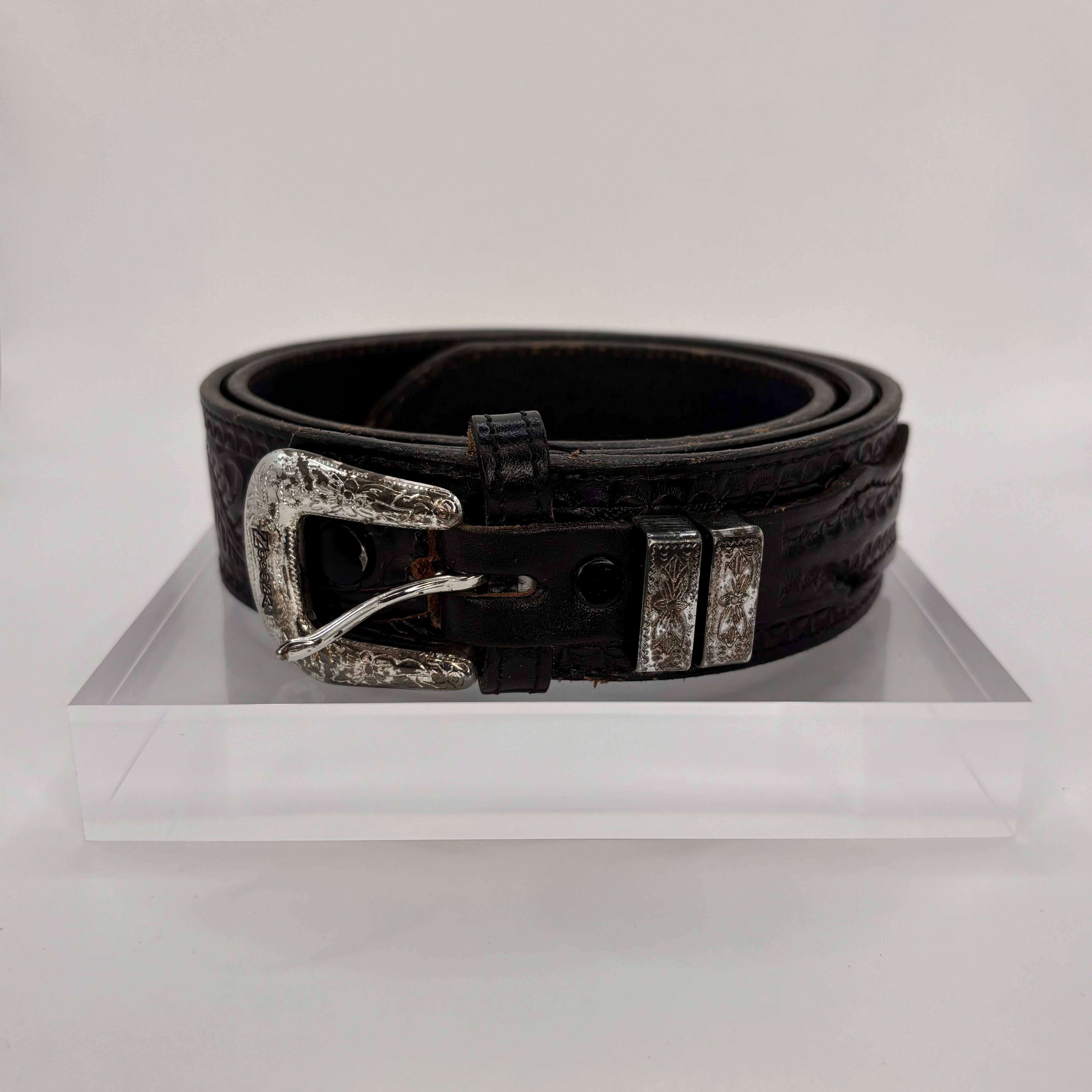 Vintage Western Black Leather Belt with Silver Buckle