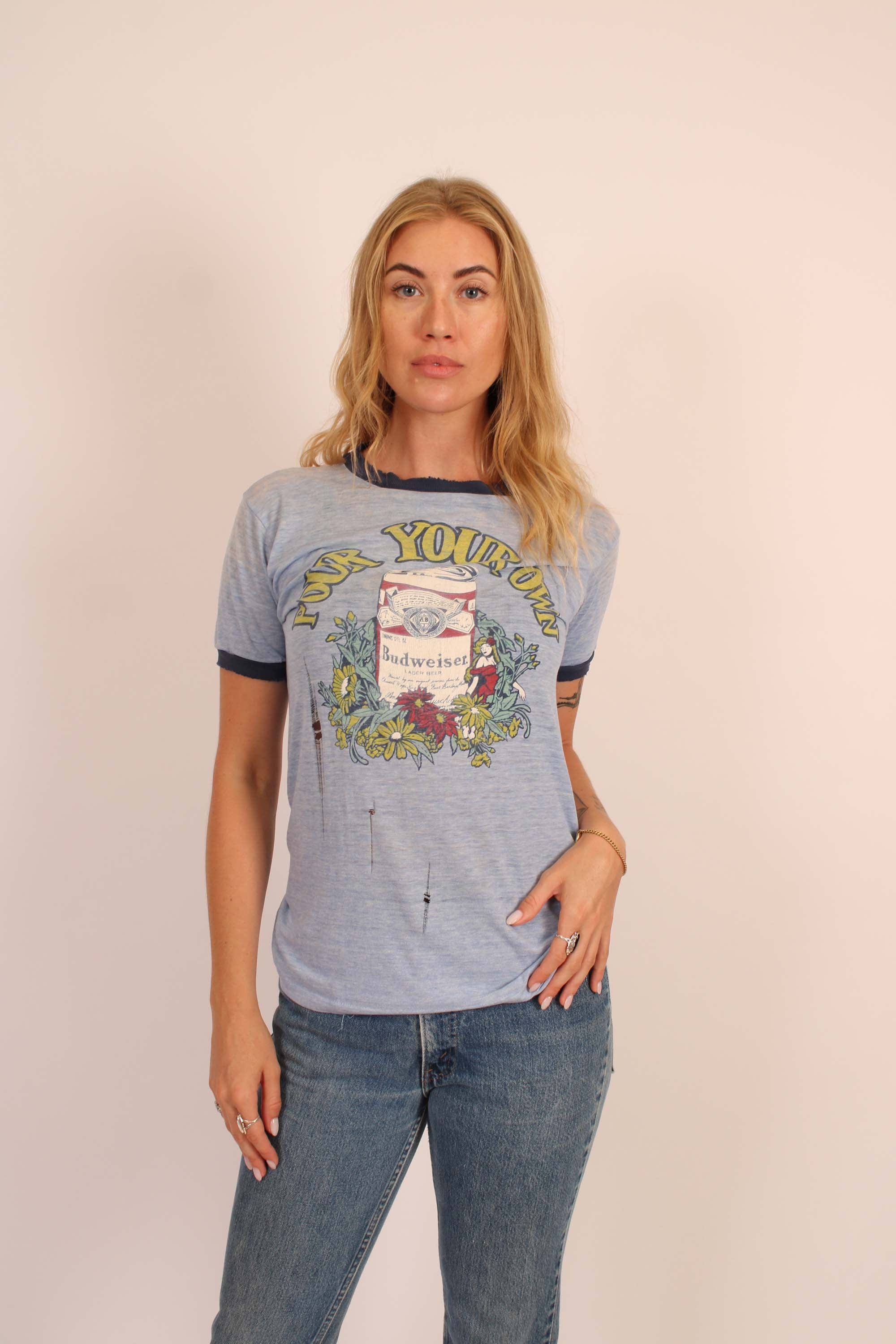 Vintage "Pour Your Own" Blue Budweiser Ringer T Shirt
