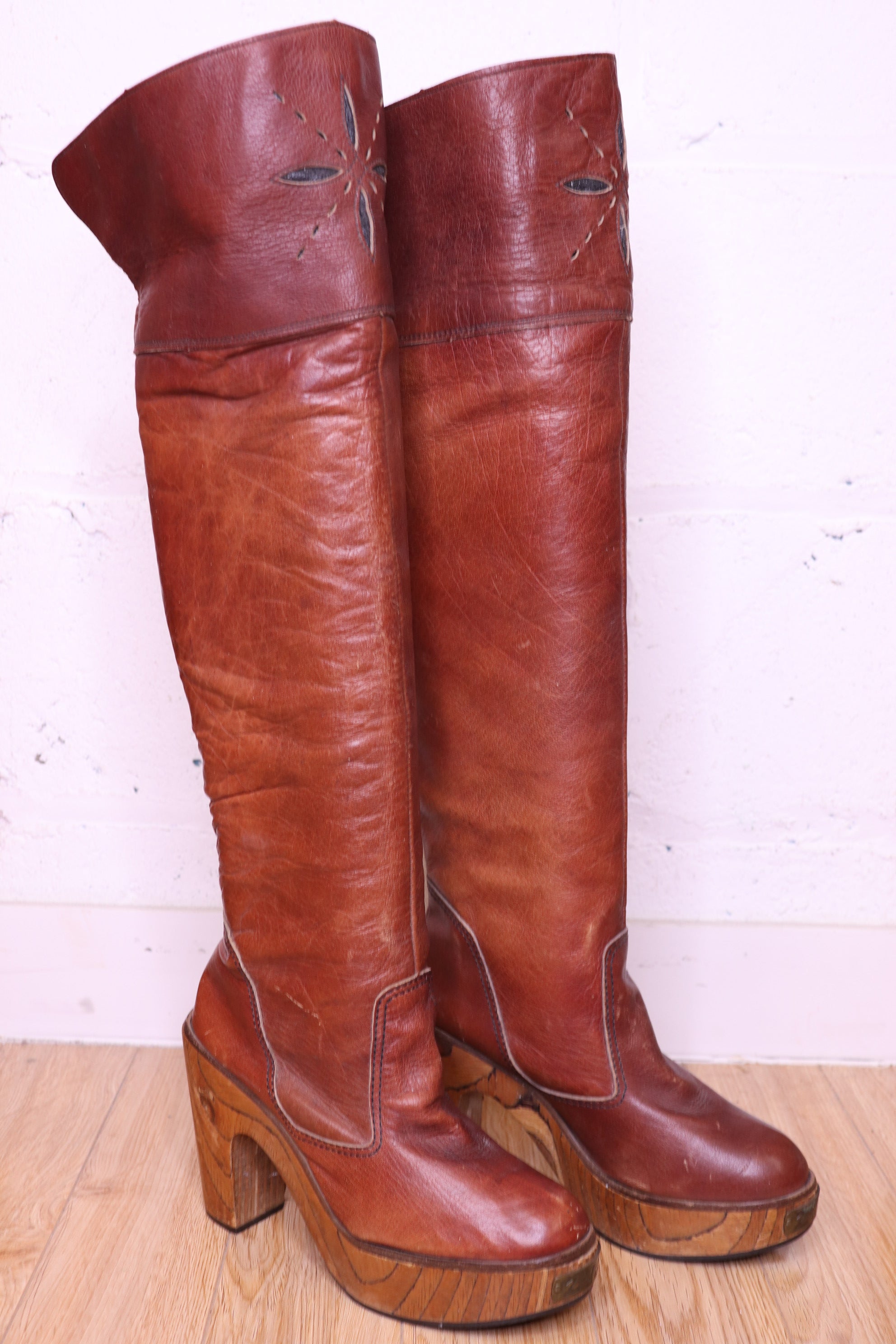 1970s Zodiac Wooden Platform Leather Boots