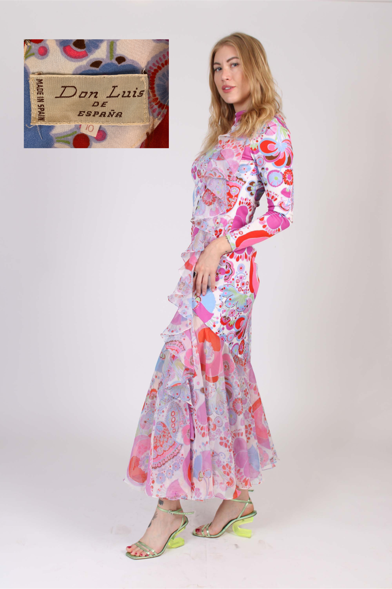 1970s Don Luis Floral Ruffle Maxi Dress
